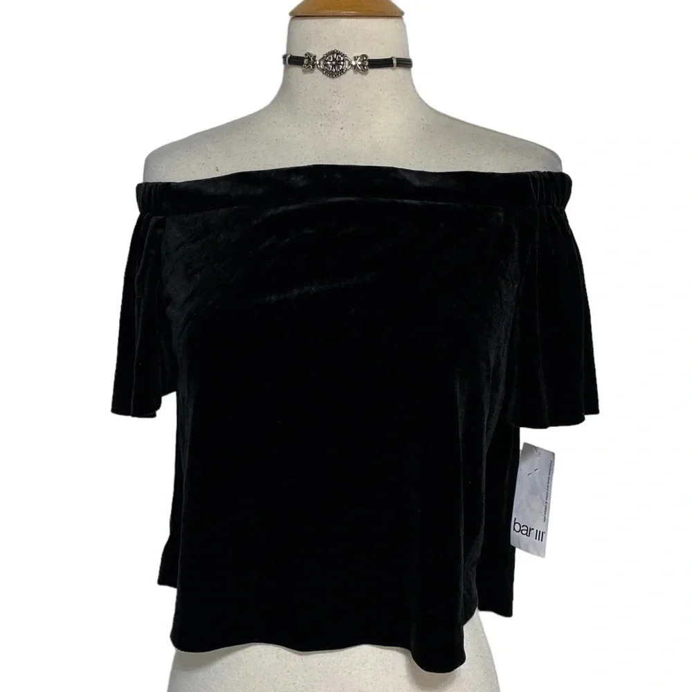 BAR III S black velvet off the‎ shoulder short sleeve top